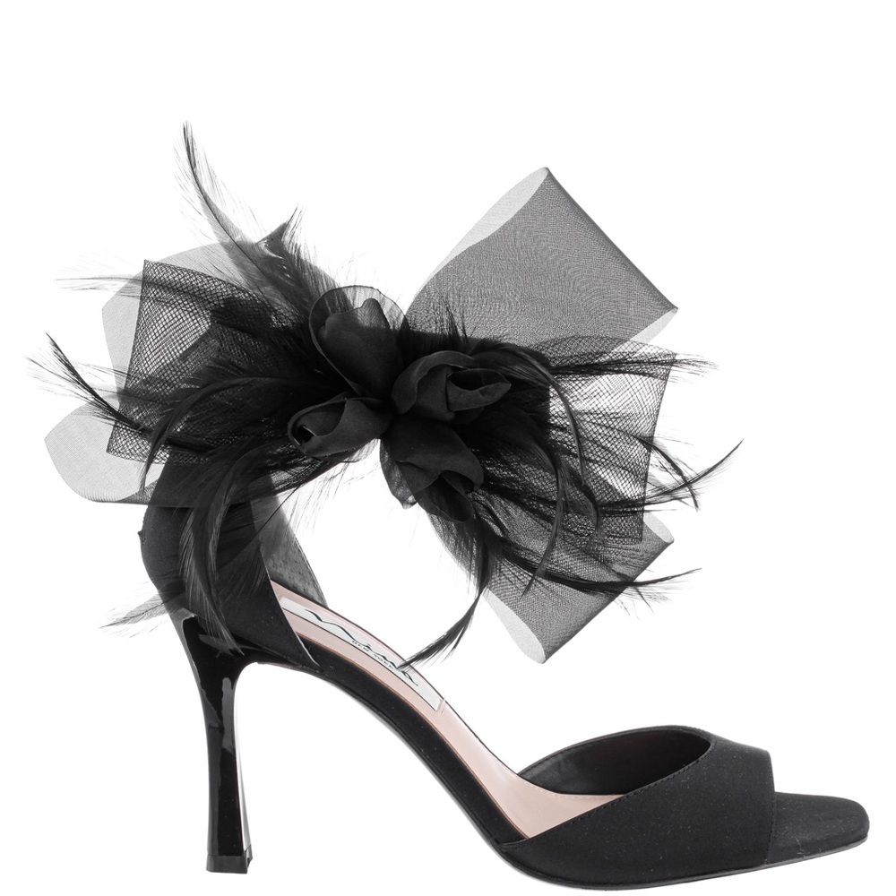 NINA DORA 🖤 BLACK SATIN BOW & FEATHER HIGH-HEEL SANDALS WITH ANKLE-STRAP